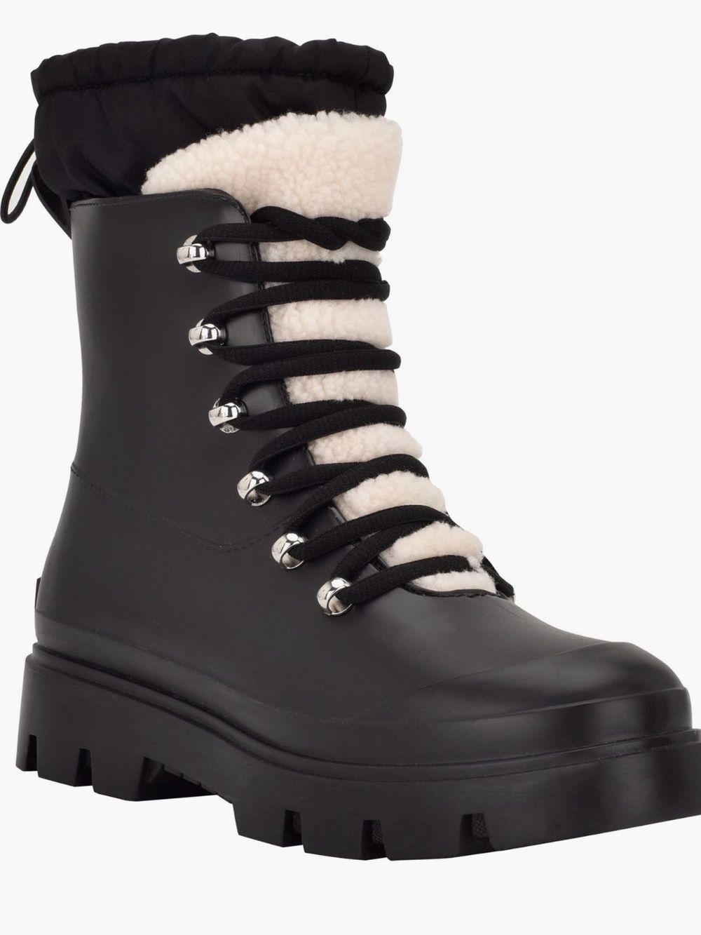 Marc Fisher Black Lug-Sole Shearling-Trim Rain Boot